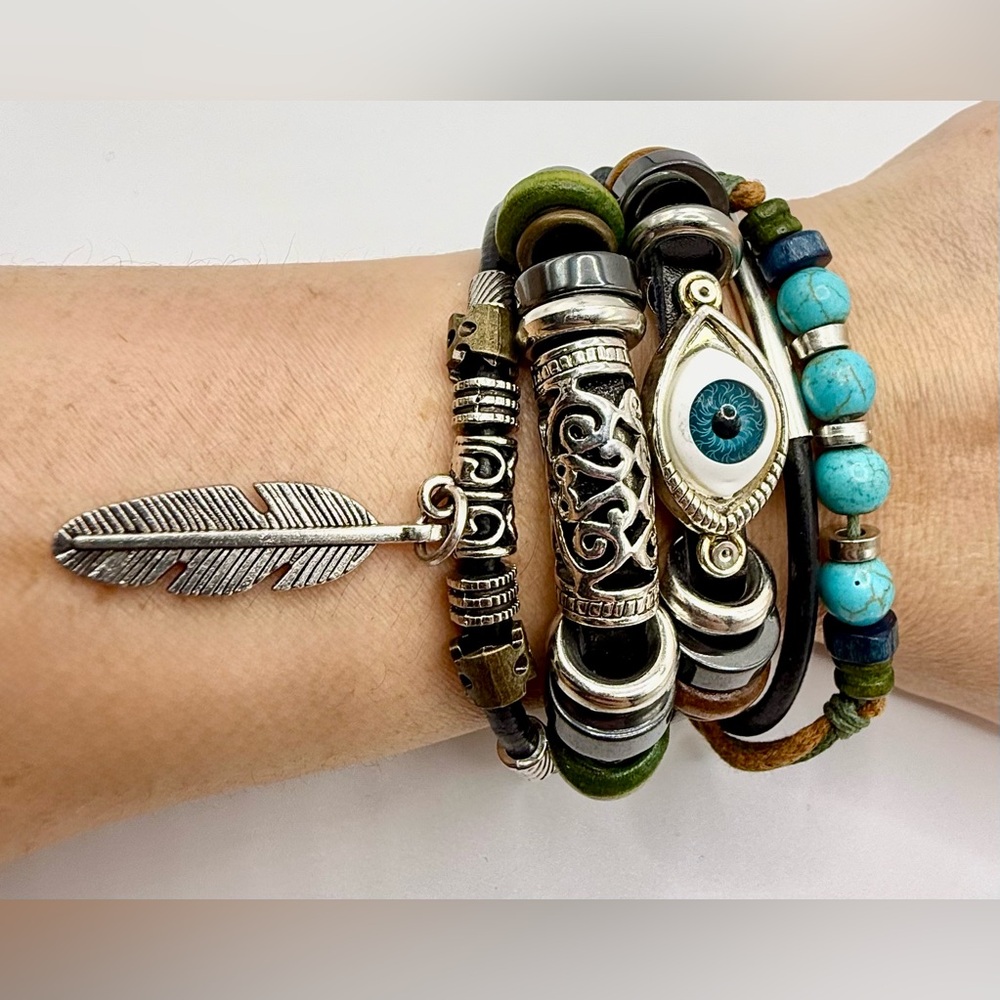 Boho Leather Charm Bracelet Stack Turquoise Evil Eye Feather